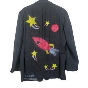 Upcycled 100% Wool Hand Painted Celestial Blazer Sz 42R Wearable Art